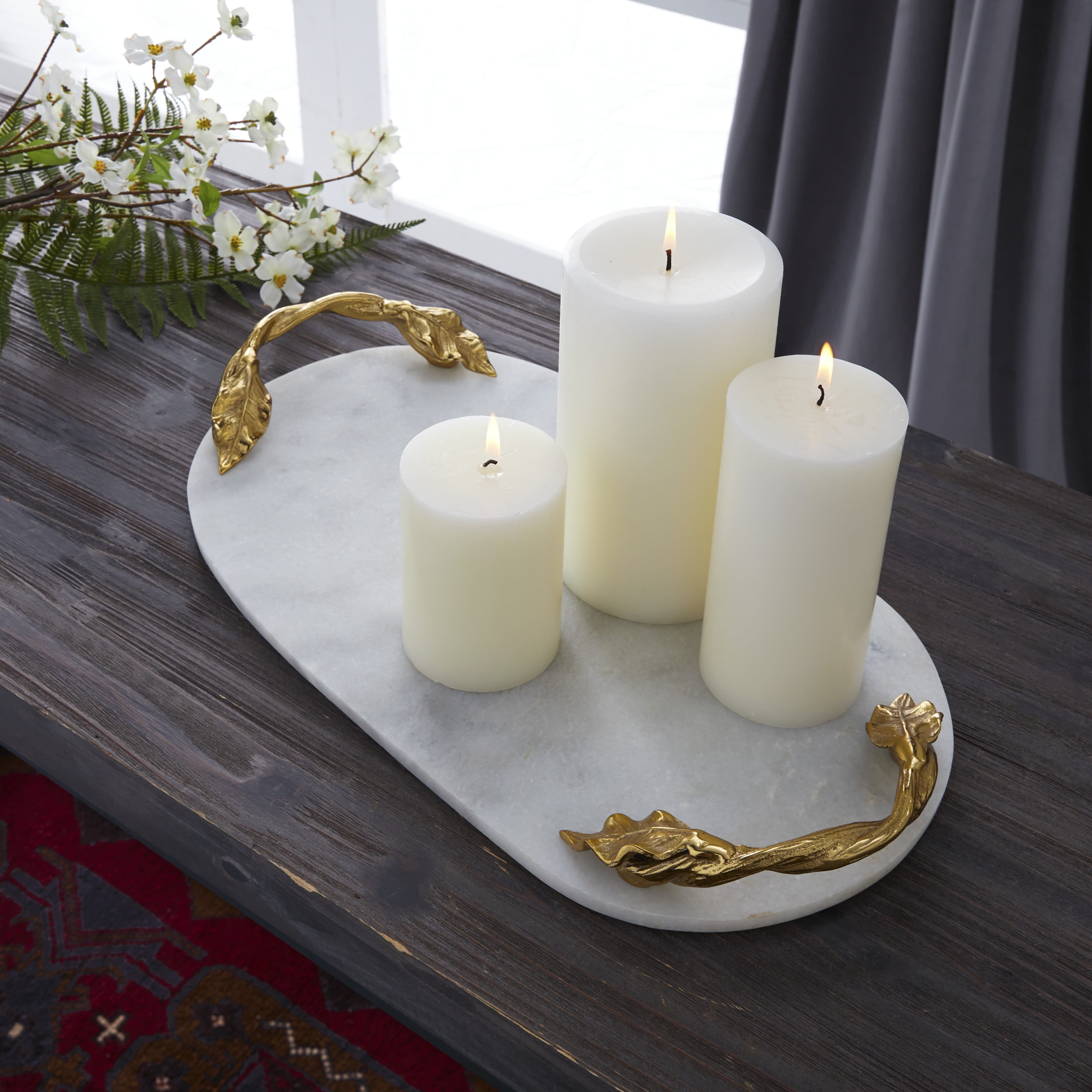 DecMode 20" x 10" White Marble Tray with Gold Twisted Leaf Handles, 1
