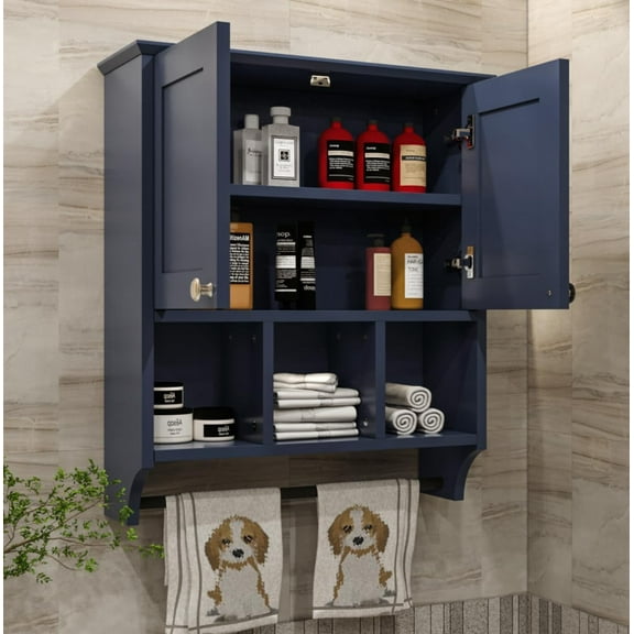 Bathroom Wall Cabinet, Wall Mounted with Towel Bar & 6 Shelves - Over Toilet Storage Organizer, 2-Door Medicine Cabinet, Adjustable Bathroom Shelves(Blue)