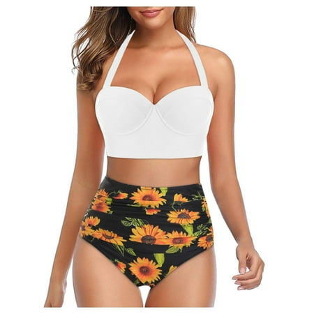 Vivianyo HD Women Floral Print High Waist Crop Tops+Shorts Two Piece Swimwear Halterbeachwear 2024 Fashion Trendy New Comfy Jumpsuits Bikini Beach Swimwear Bathing Suit