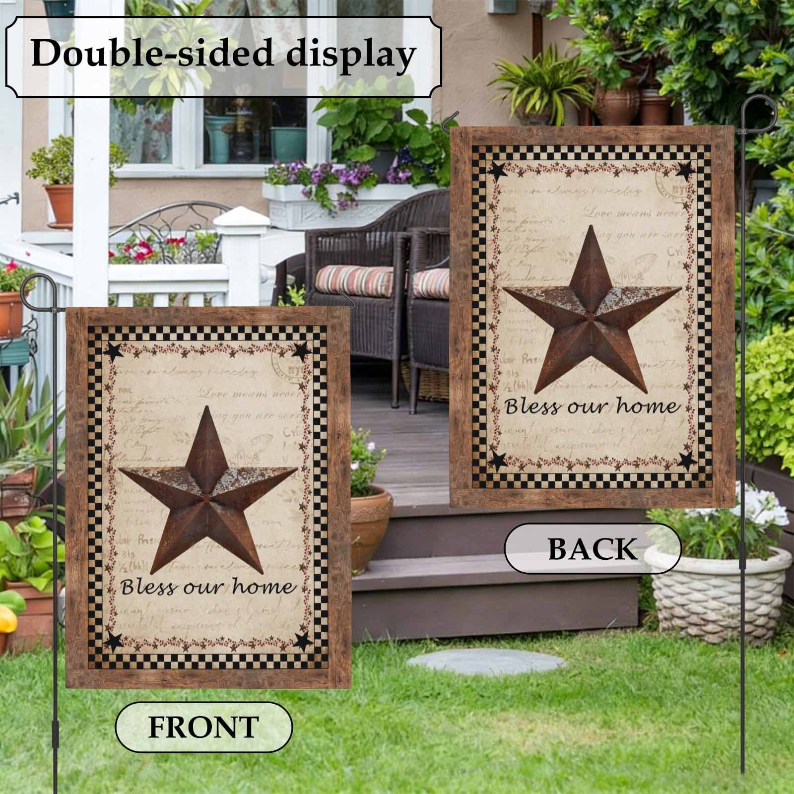 Retro Star House Flag 28 x 40 Inches, Bless Our Home Black Plaid Vintage Letter Farms Weather Proof Outdoor Patio Flags Double Sided Small House Decoration for Yard Lawn Outside Home