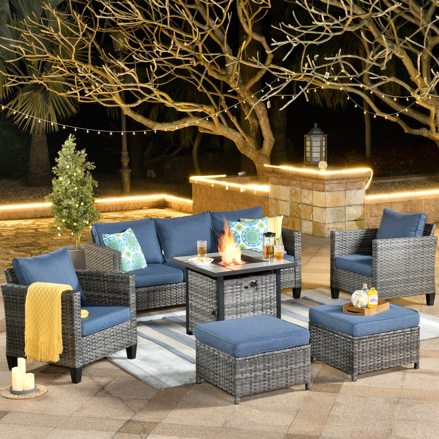 OVIOS 6piece Outdoor Highback Wicker Sectional Set With Fire Pit Blue