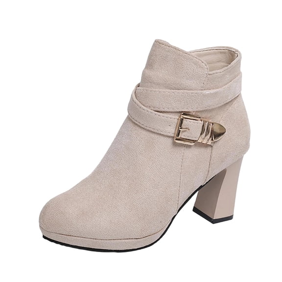 Beige Women'S Ankle Boots Fashionable Casual Chunky Heel Side Zipper Boots Round Toe Dress Boots With Buckle For Women Comfortable Winter Boots