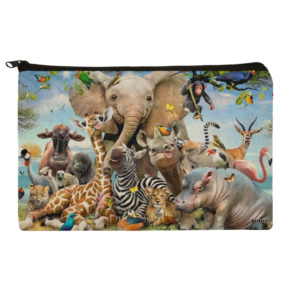 Africa Animals Smile Selfie Elephant Giraffe Zebra Hippo Rhino Pencil Pen Organizer Zipper Pouch Case