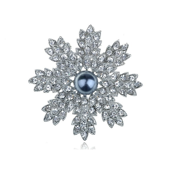 Stunning Clear Crystal Rhinestone Faux Pearl Christmas Snowflake Pin Brooch