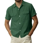 Wendunide 2024 Clearance Sales, Mens Shirts Men Fashion Casual Top Shirt Solid Color Pocket Single Shirt Cotton and Linen Shirt Short Sleeve Top Men Shirts Green 3XL