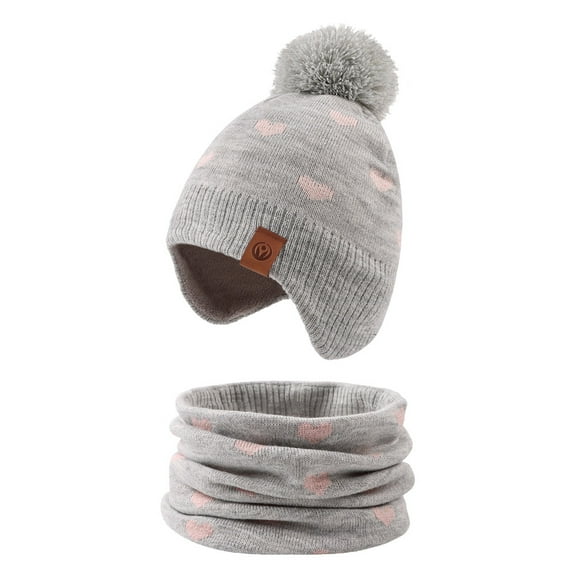 Baby Knitted Hat Scarf Set Winter Warm Toddler Boys Beanie Fleece Lining Kids Girls Hat with Pompom(Gray Hat Scarf,L)