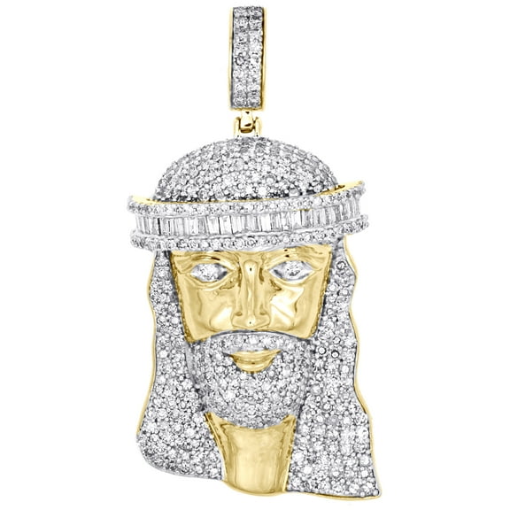 10K Yellow Gold Baguette Diamond Jesus Head Pendant 1.55" Statement Charm 2 CT.