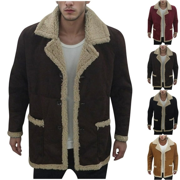 Miluxas Mens Faux Leather Suede Jacket Sherpa Lined Outwear Coat Sheepskin Casual High Lapel Faux PU Leather Overcoat with Pockets Yellow