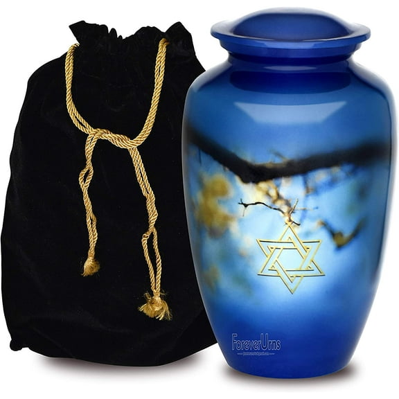 FOREVER URNS Adult Cremation Urn Star David Urn For Human Ashes, Handcrafted 220 Cu. In With Velvet Bag.