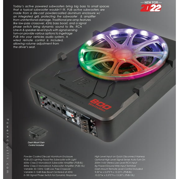 Power Acoustik PUB-10L 800W Class D Subwoofer with RGB LED Lighting