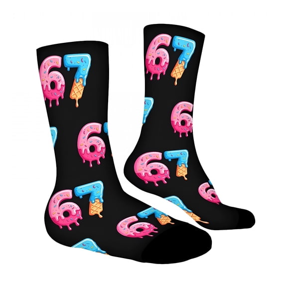 TELOLY 2026 New 67 Socks Ice Cream 6 7 Meme Novelty Six Seven Crew Socks Funny Gifts for Boys Girls Fashion Footwear 7-13 Years Black