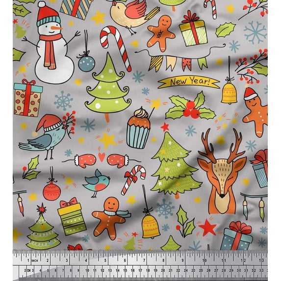 Soimoi polyester Crepe Fabric Gift Box,Snowman & Tree Christmas Print Fabric by the Yard 42 Inch Wide