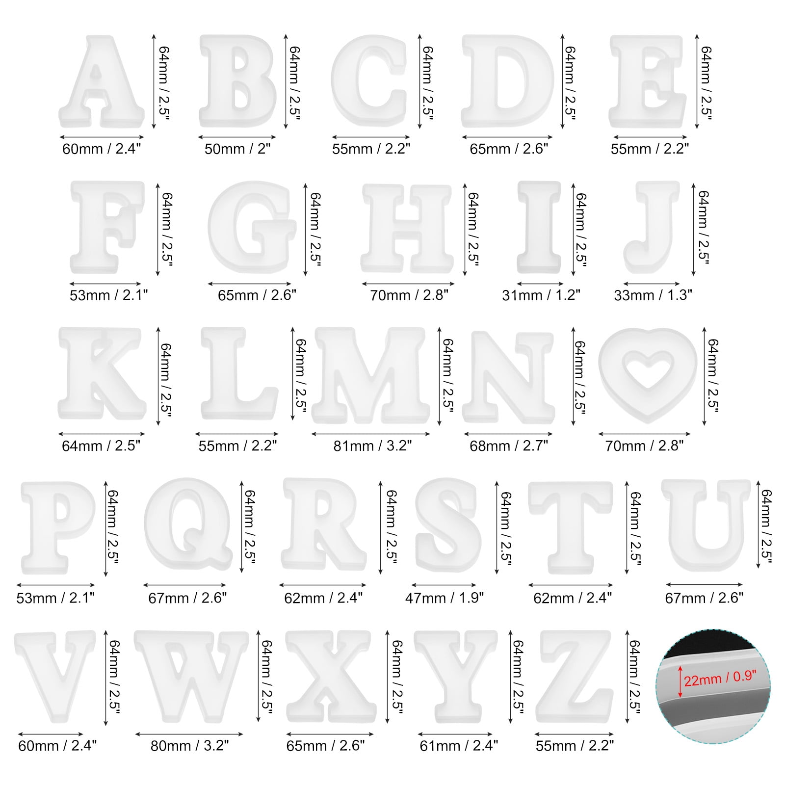 26packs Large Letter Resin Molding 2.5" A to Z Capital English Alphabet Silicone Mould