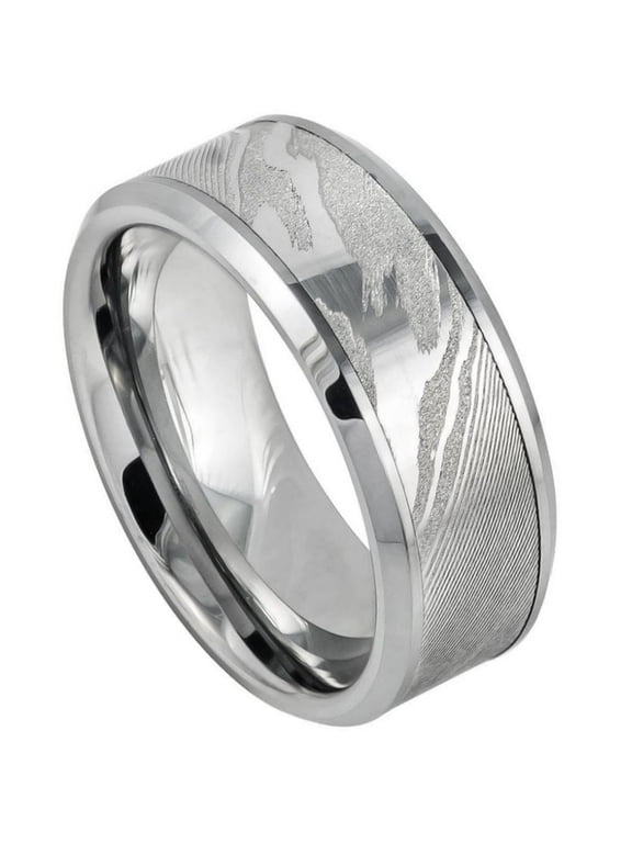 9mm Laser Carved Wood Grain Pattern/Mokume Gane Effect High Polished Low Beveled Edge Wedding Band Ring For Men Or Ladies