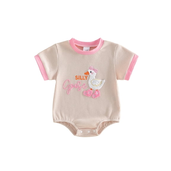 BemeyourBBs Newborn Baby Girl Silly Goose Outfit Infant Baby Girl Summer Clothes Waffled Bubble Romper Letter Goose Embroidery Short Sleeve Bodysuit Playsuit Jumpsuit