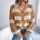 thumbnail image 3 of Suéter de mujer Mangas de linterna Cuello en V Costuras Bloque de color Suéter de ajuste casual para invierno Caqui L, 3 of 8