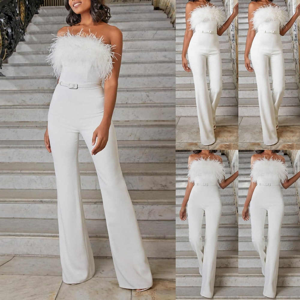 Women s White Jumpsuits Slim Cut Waist Ruffle Casual Wedding Party Jumpsuit on Clearance