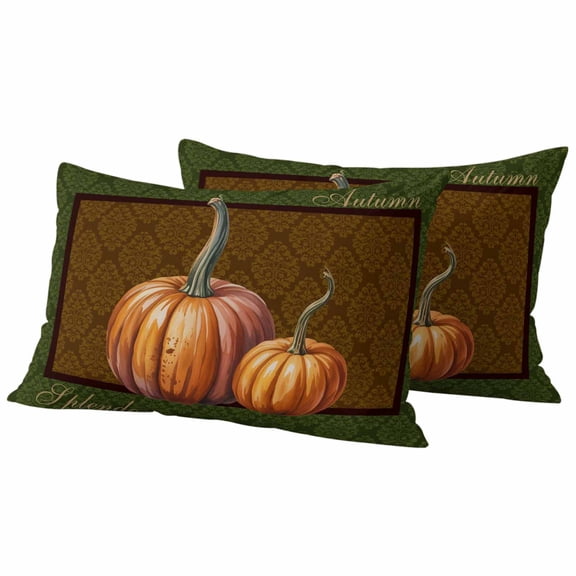 Orange Pumpkin Outdoor Waterproof Pillow Covers, Green Fall Thanksgiving Paisley Autumn Decorative Rectangle Throw Pillowcase Sofa Cushion Sham for Patio/Couch/Chair, 20"x12" 2 Pack