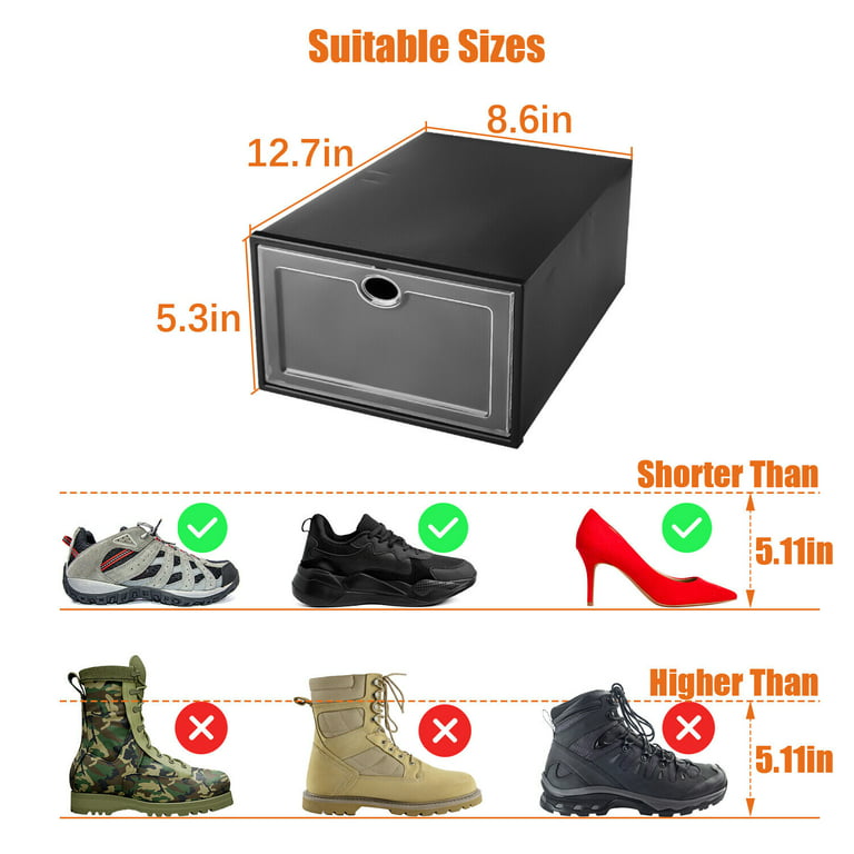 Shoe Organizer with Hard & Thick Plastic Board Shoe Storage Boxes Fits US  Size 13, shoe boxes Clear Plastic Stackable Measure L14.2xW11.2xH8.5(inch)