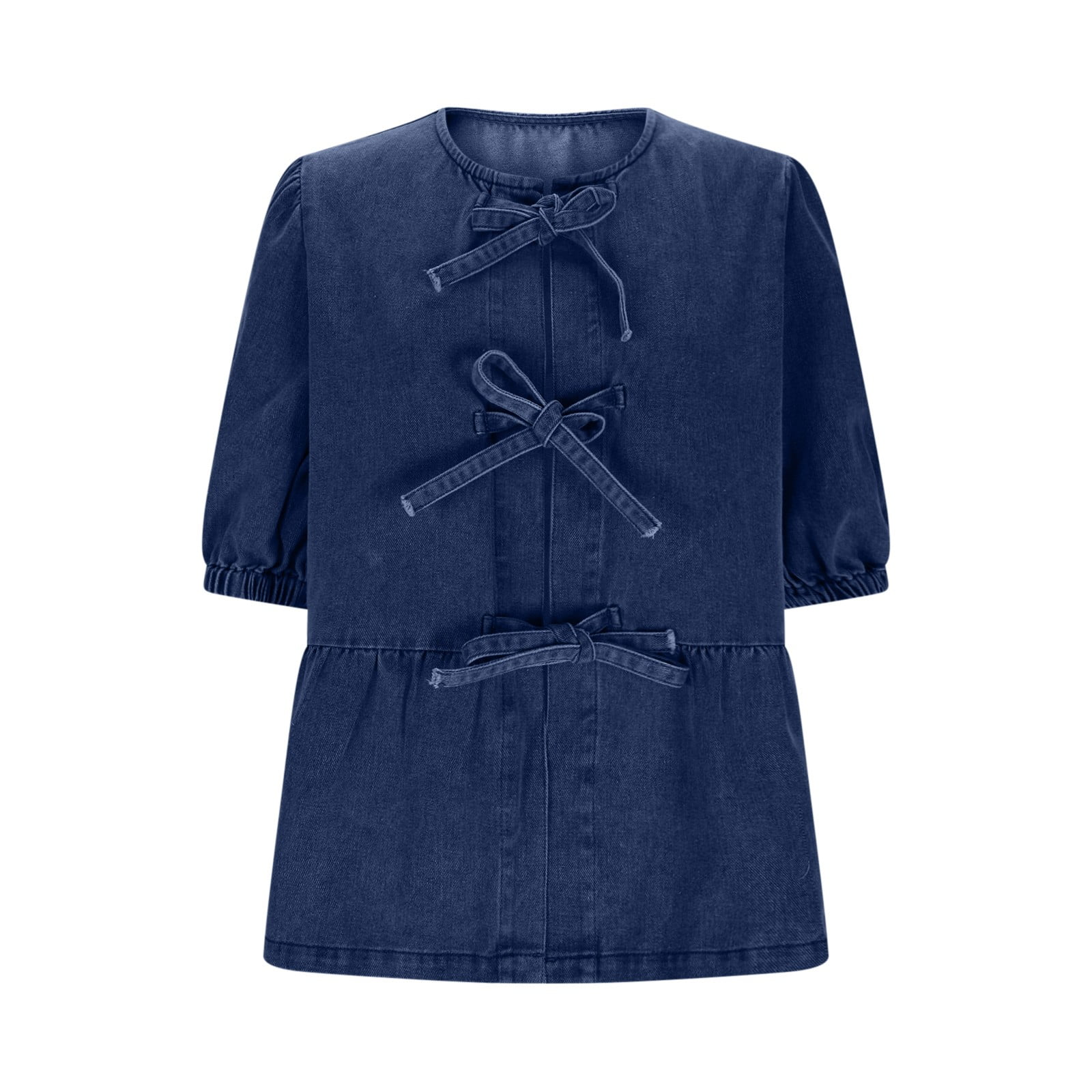 Womens Tops Under $10, Womens Denim Tie Front Tops Babydoll Peplum Puff Sleeve Jean Shirts Crew Neck Summer Casual Bow Blouses