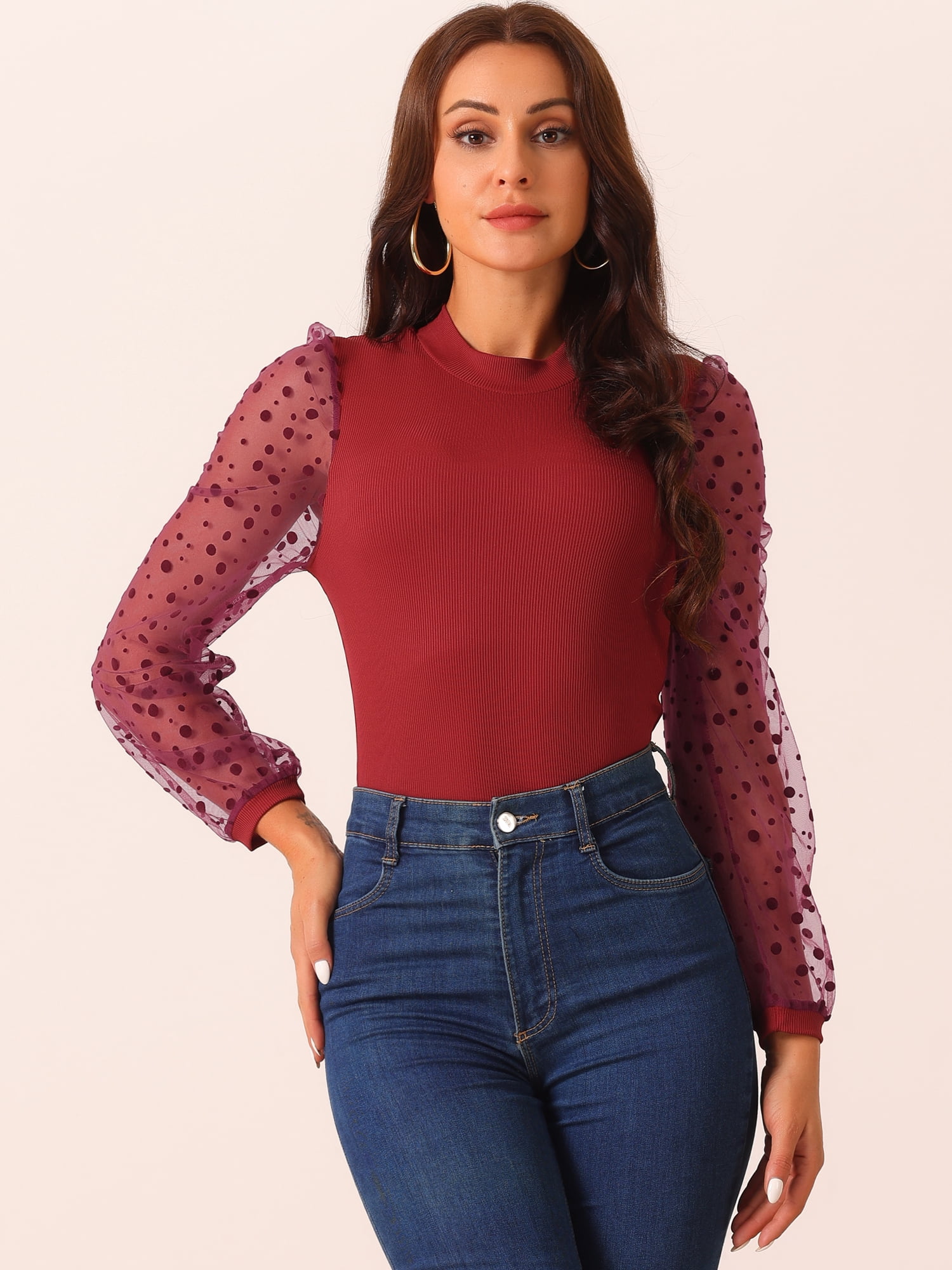 DARING DIVA Polka Dot Long Mesh Sheer Sleeve Slim Fit Bodysuits M Dark Red