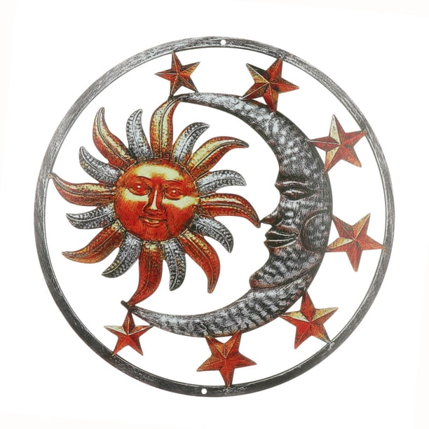 Escultura de metal de 29 cm de sol, luna y estrella, decoración de pared, placa decorativa para colgar en la pared Marrón