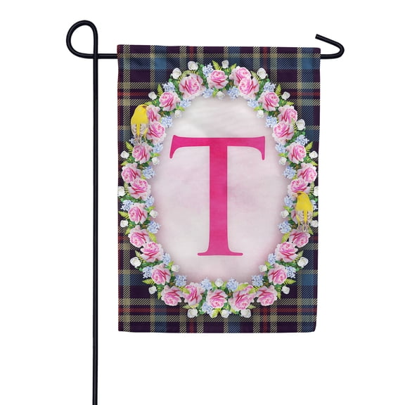 America Forever Spring Monogram Garden Flag Letter T 12.5 x 18 inches Double Sided Vertical Outdoor, Yard, Lawn, Seasonal Decorative Yellow Flowers, Pink Rose, Floral Wreath Garden Flag