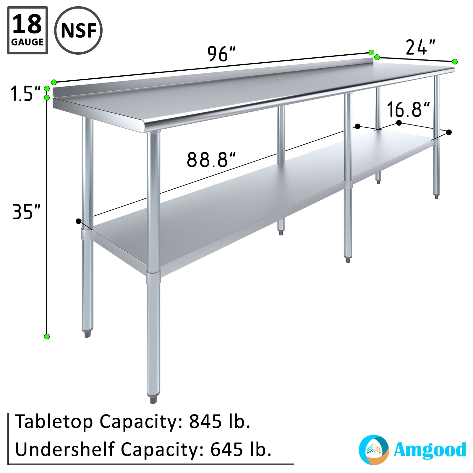AmGood 24 in. x 96 in. Stainless Steel Work Table with 1.5 in. Backsplash | Metal Kitchen Food Prep Table
