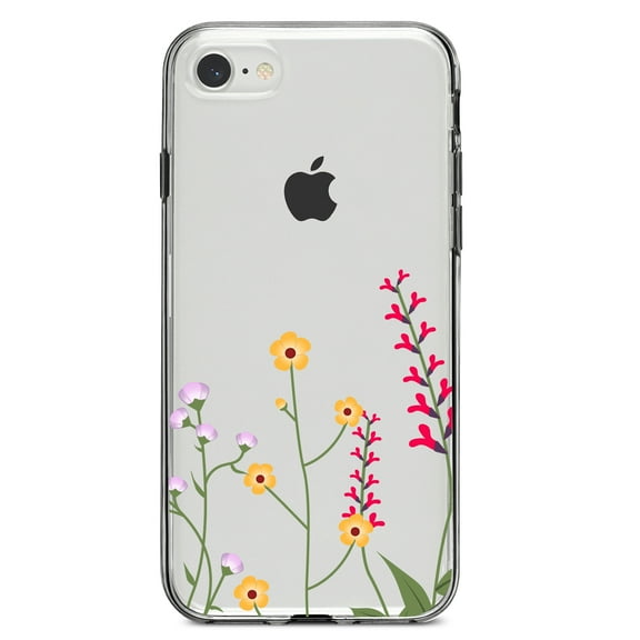 DistinctInk Clear Shockproof Hybrid Case for iPhone 7 8 SE (2020 Model) 4.7" Screen TPU Bumper Acrylic Back Tempered Glass Screen Protector - Wildflowers Yellow Pink Purple