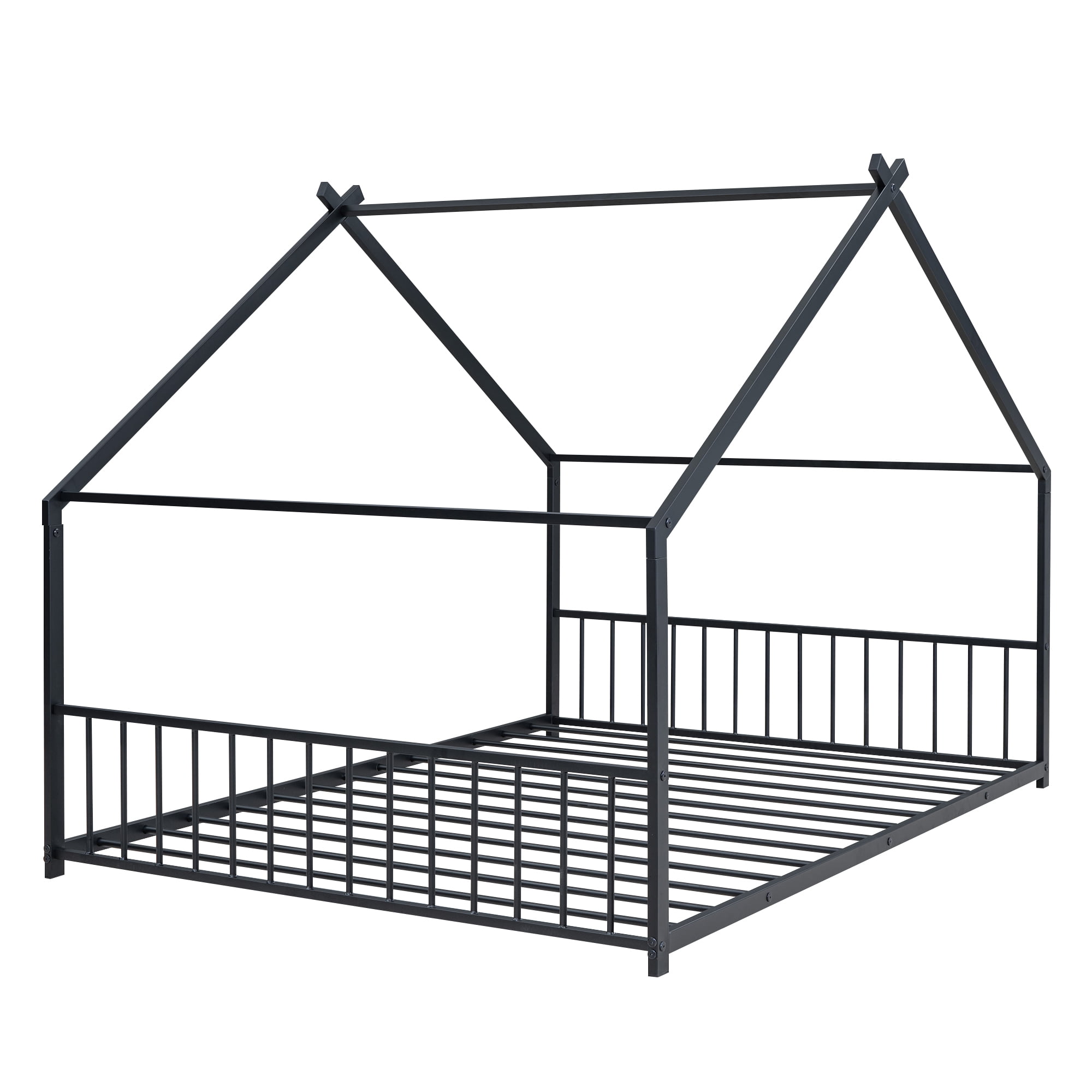 Aukfa Full Size Metal House Bed, Montessori Floor Bed for Kids Toddler, Black