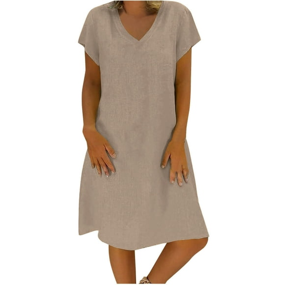 Summer Dress for Women Sexy Fashion Women Loose V-Neck Summer Solid Short Sleeve Cotton and Linen Dress Loose Summer Dress for Women Summer Dress for Women with Sleeves