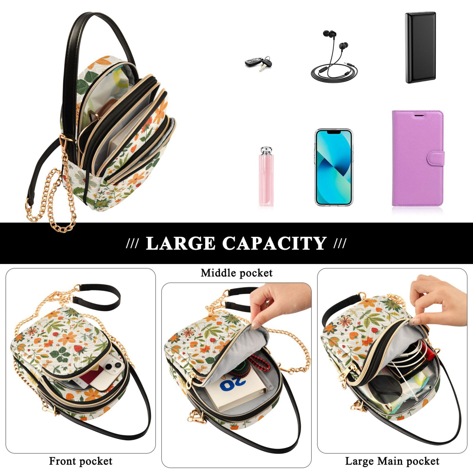 FORMRS Crossbody Bag for Women Quilted Travel Shoulder Cell Phone Purse with Chain Strap Handbag, Leaves Pattern