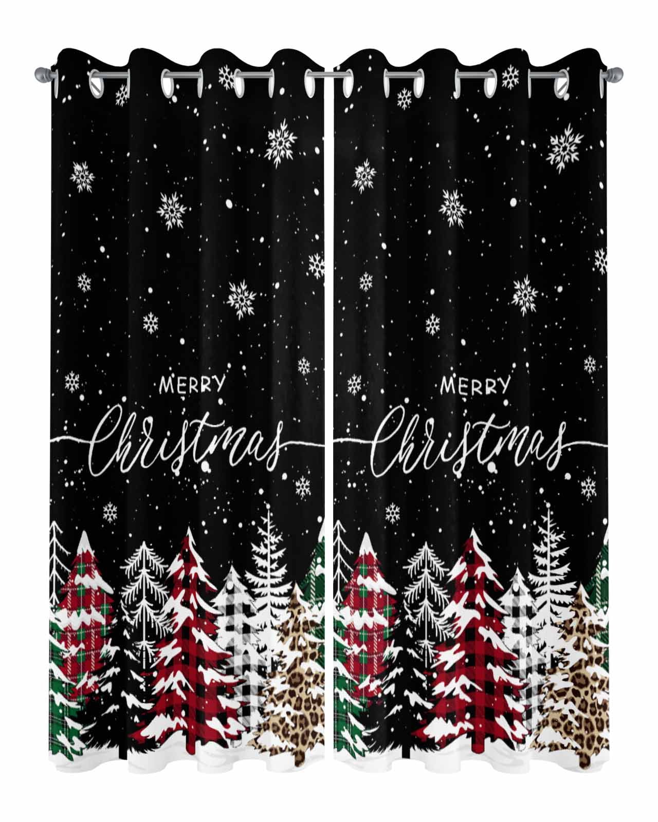 Outdoor Curtains for Patio, Black Christmas Tree Waterproof Blackout Outside Curtain for Porch/Pergola/Gazebo, Winter Xmas Tree Snowflake Thermal Insulated Drapes for Cabana, 2 Panels, 54 x 95 Inch