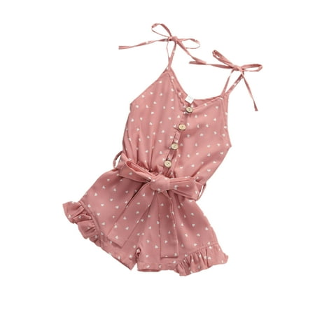 

Baby Girl Romper Heart Printed Tied Spaghetti Straps V-Neck Button Open Jumpsuit 1-6Years