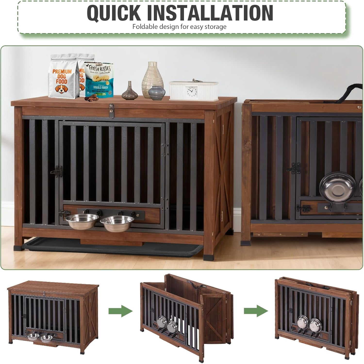 MEDEHOO 33.3’’ Dog Crate Furniture, Folding Dog Crates with 360° Rotating Bowls, Wooden Puppy Cage Kennel with Metal Frame for Small & Medium Dogs Indoor, Removable Tray and Floor (Brown)