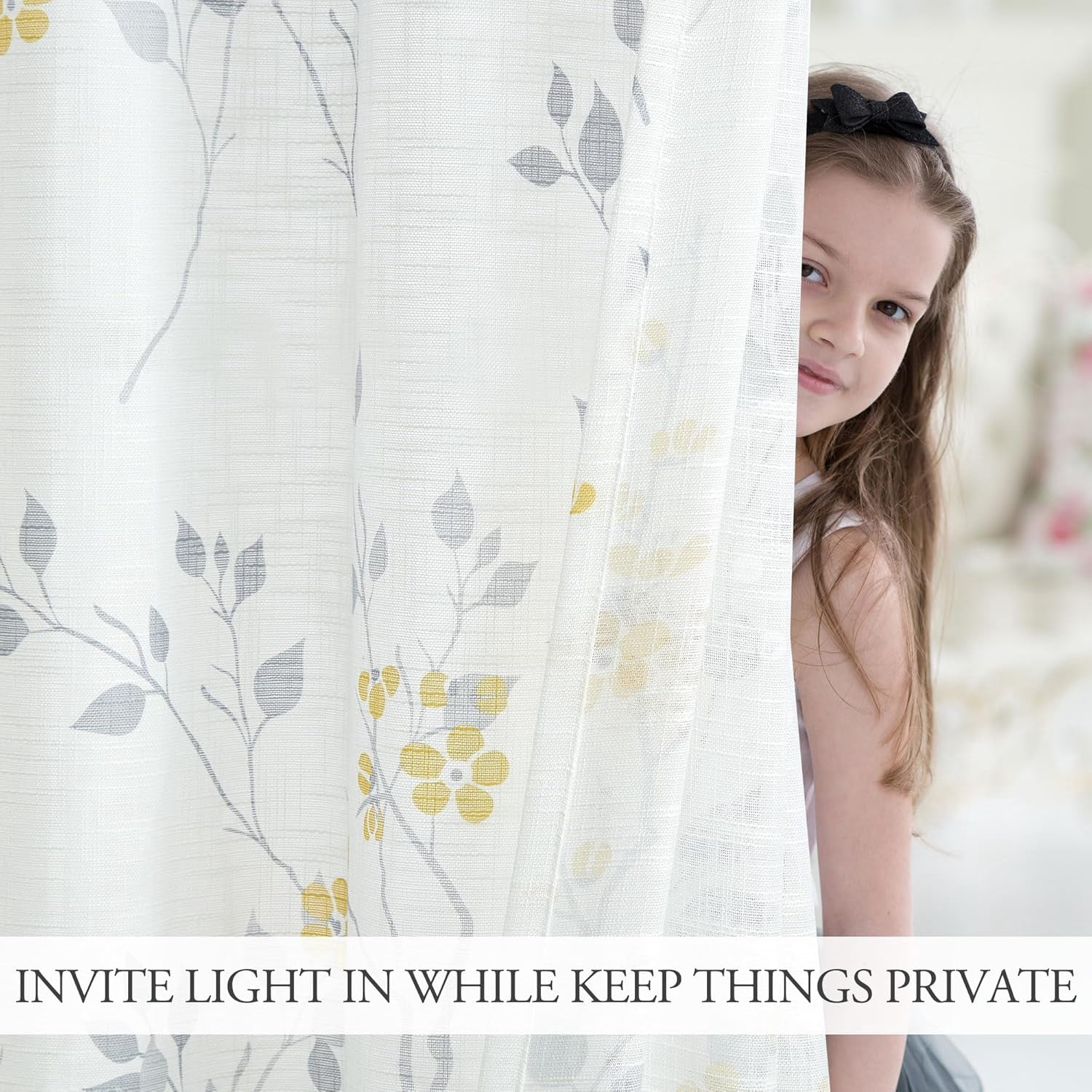 Classical Floral Semi Sheer Curtains 52"W X 84"L, Grey/Yellow, Grommet Top - 2 Panels 2 thumbnail image