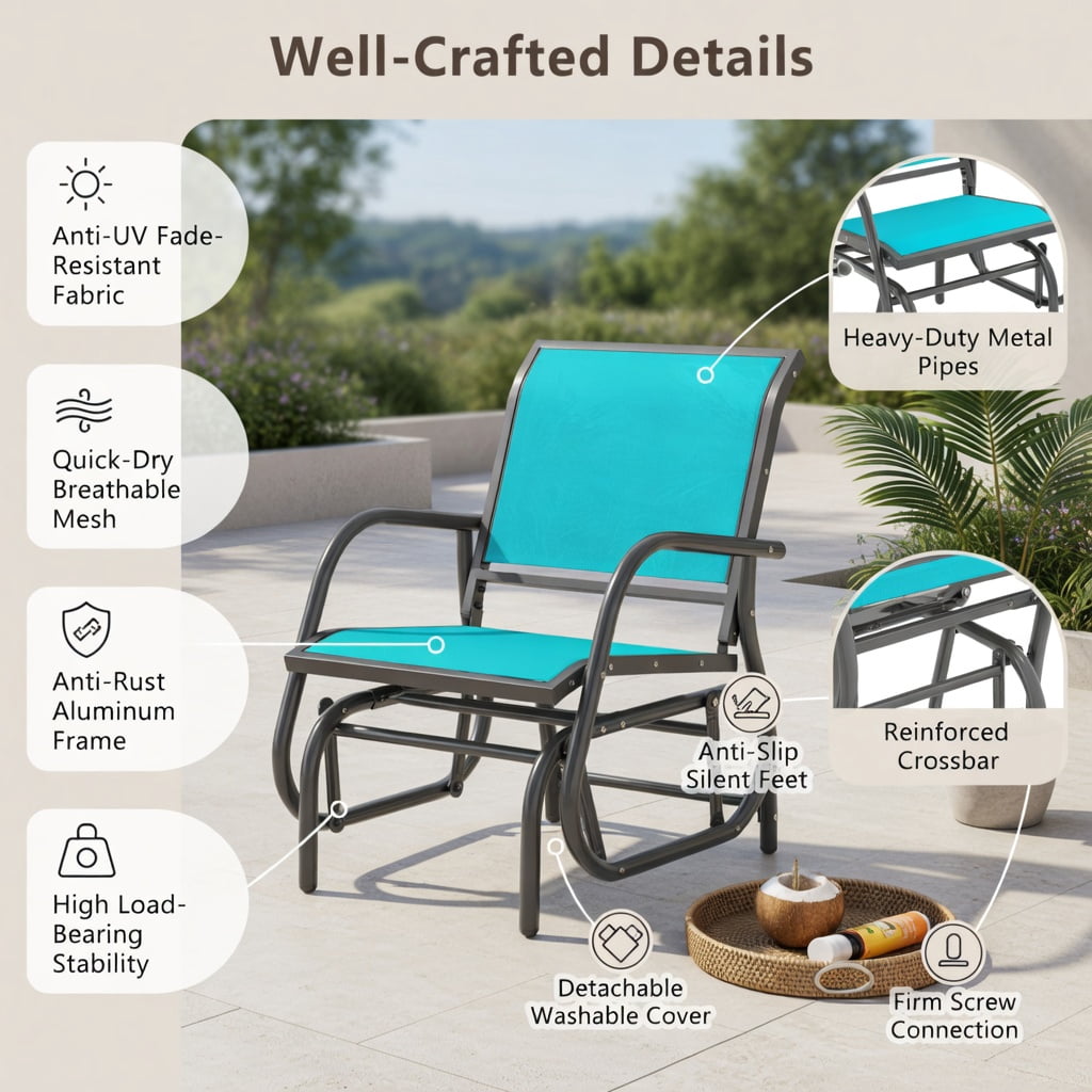 Hommoo Outdoor Single Swing Glider Rocking Chair, Steel Frame with Breathable Fabric, Patio & Backyard Relaxation Seating, Turquoise