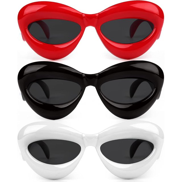 3 piezas de gafas de sol de burbuja, gafas de sol infladas Ojo de gato Montura gruesa de gran tamaño Gafas de sol de color caramelo con labios divertidos para mujer Estilo vintage mod