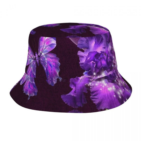 Purple Butterfly And Irises Bucket Hat Beach Sun Outdoor Cap Packable Fisherman Hat For Women And Men
