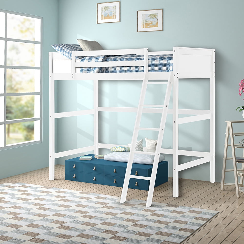 Twin Size Loft Bed with Ladder and Guard for Teens Bedroom, White Twin Size Loft Bed with Ladder and Guard for Teens Bedroom, White