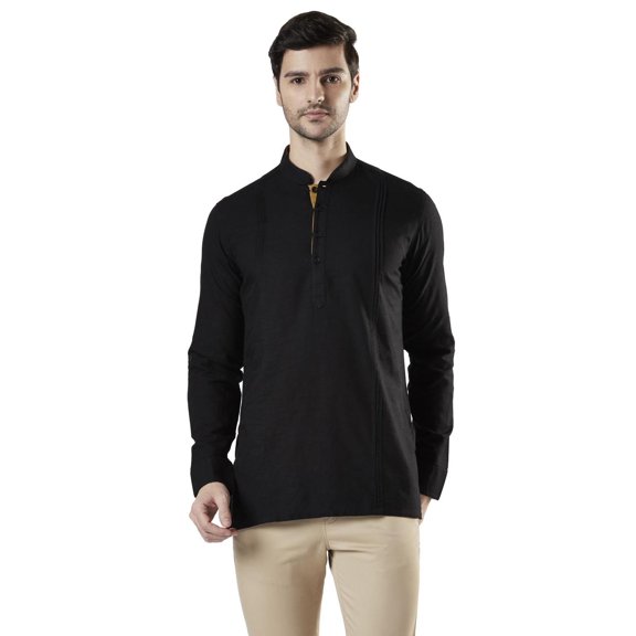 Ethnix Men's Mandarin Collar Cotton Pullover Shirt-Length Pintucked Kurta Tunic; Black; LG