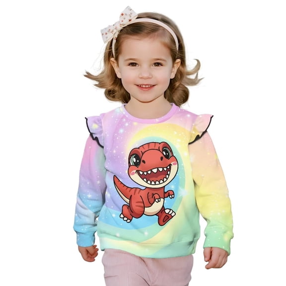 Yuyamidu Toddler Girl Dinosaur Sweatshirt 1T 2T Rainbow Ruffle Sleeve Crewneck Sweatshirt Graphic Y2K Lightweight Top Comfy Soft Everyday Clothes Casual Fall Outfits