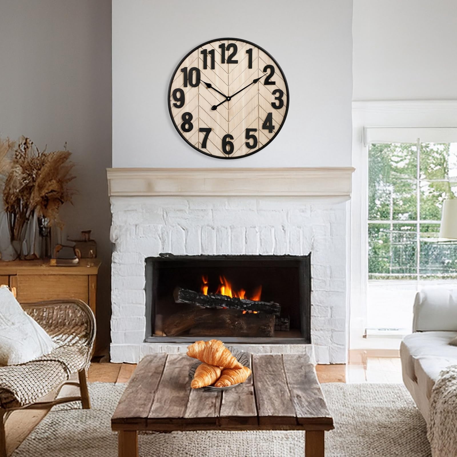 MODE HOME Rustic Farmhouse Wooden Wall Clock with Black Metal Frame, 24 inch Battery Operated Silent Clock, Brown