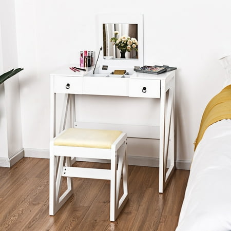 Costway Vanity Dressing Table Set Flip Makeup Mirror Stool Furniture Costway Vanity Dressing Table Set Flip Makeup Mirror Stool Furniture W 2 Drawers White
