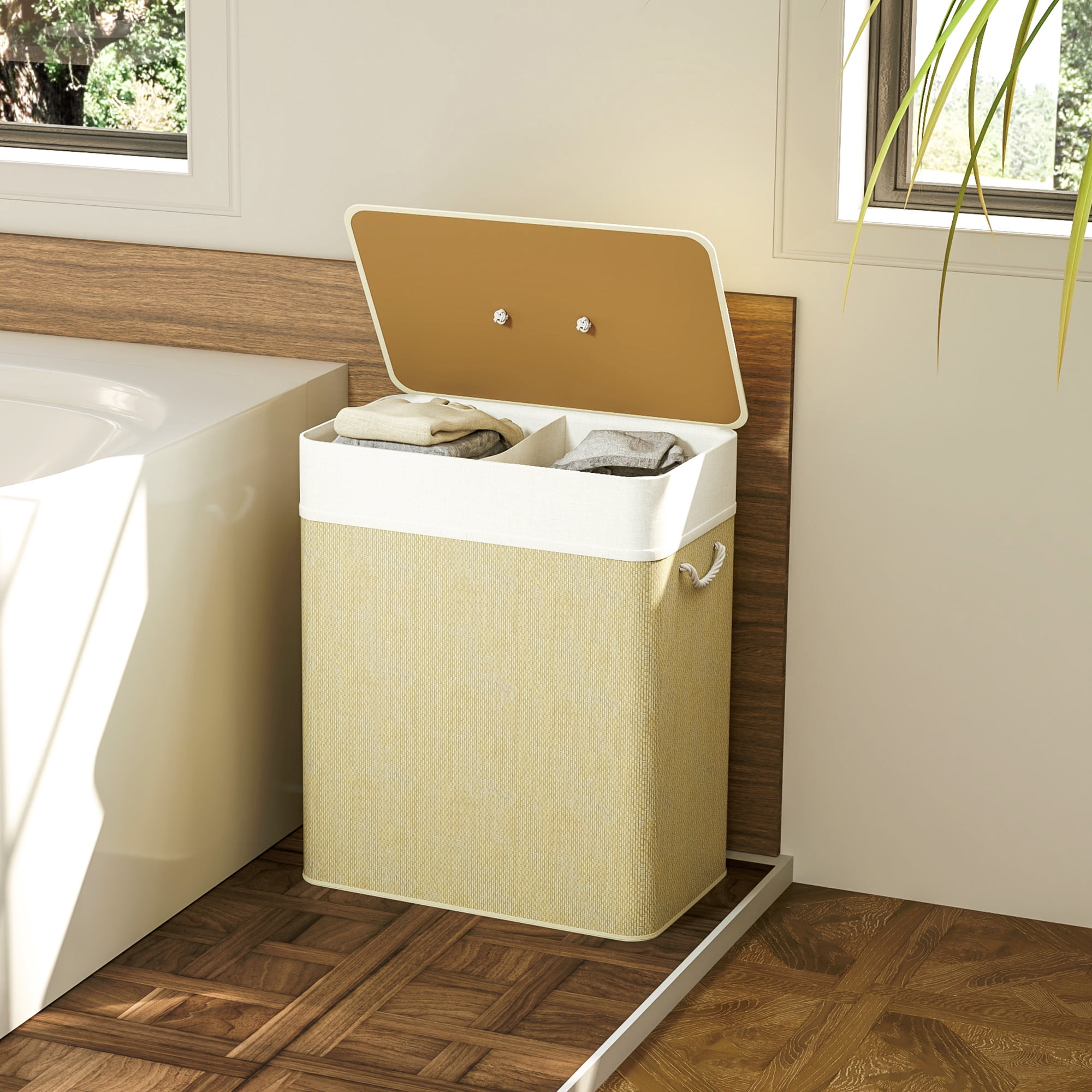 HOMCOM Double Laundry Basket with Lid, 26.4 Gallon Bamboo Laundry Hamper with Rope Handles, Clothes Hamper with Removable Liner for Bedroom, Natural