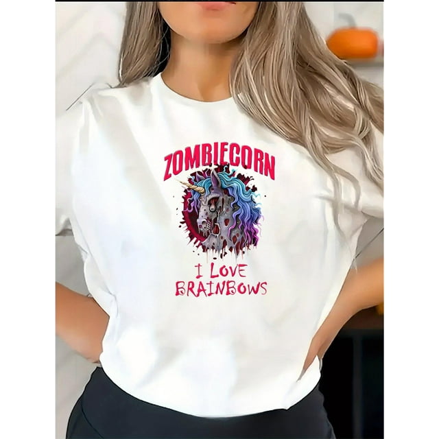 Camiseta de mujer de verano con Cuello RedondoZombicorn 'I Love Brainbows' Graphic Tee - Casual Polyester Blend Crew Neck T-Shirt for Women, All-Season Medium Stretch Geometric Pattern Top with No D