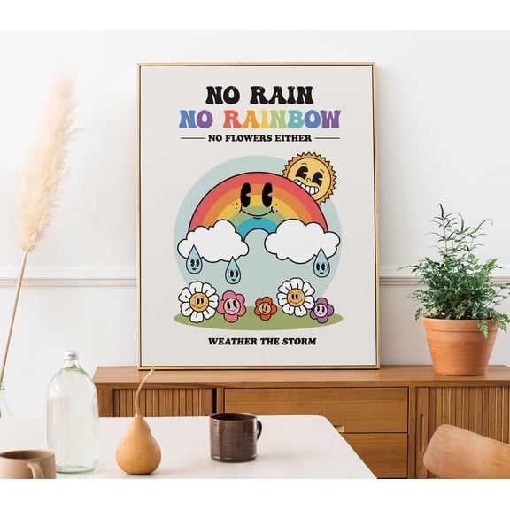 Retro Rainbow Poster, Cute Wall Art Print, Positive Quote Poster, No Rain Rainbow Room Decor, Hippie Aesthetic 60s 70s Posters ,Dining Room Decor, Bedroom Art,Art Decor, Frameless 8x10inch