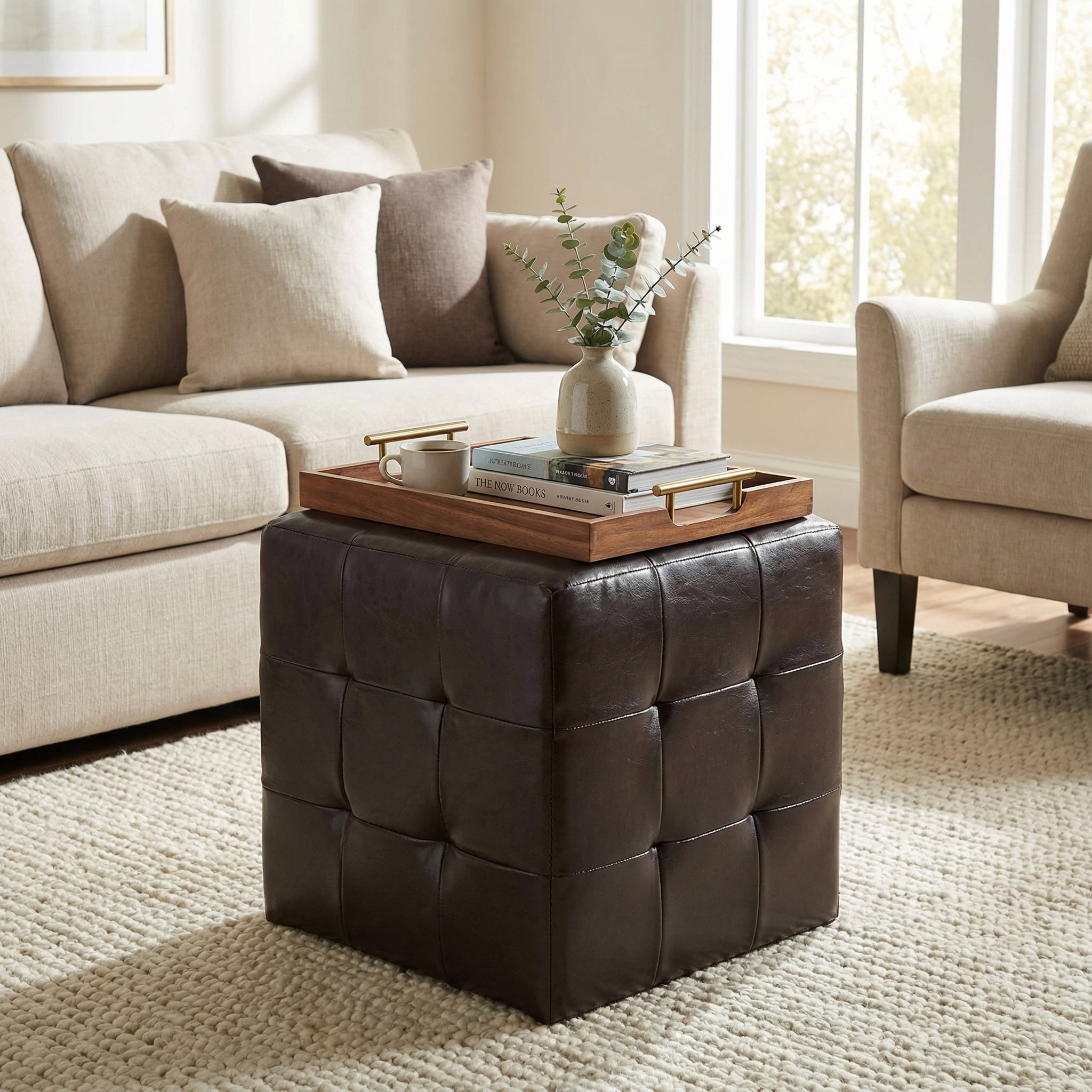 Cortesi Home Braque Espresso Cube Ottoman in  Vinyl