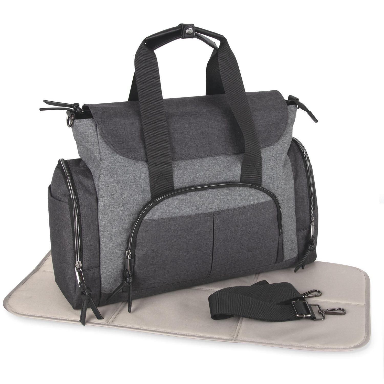 Baby Essentials 2 in 1 Convertible Multi-Pocket Baby Diaper Duffle Bag Tote with Magnetic Closure, Insulated Bottle Pockets, Foldable Diaper Changing Pad and Removable Shoulder Strap, grey, 14 pockets