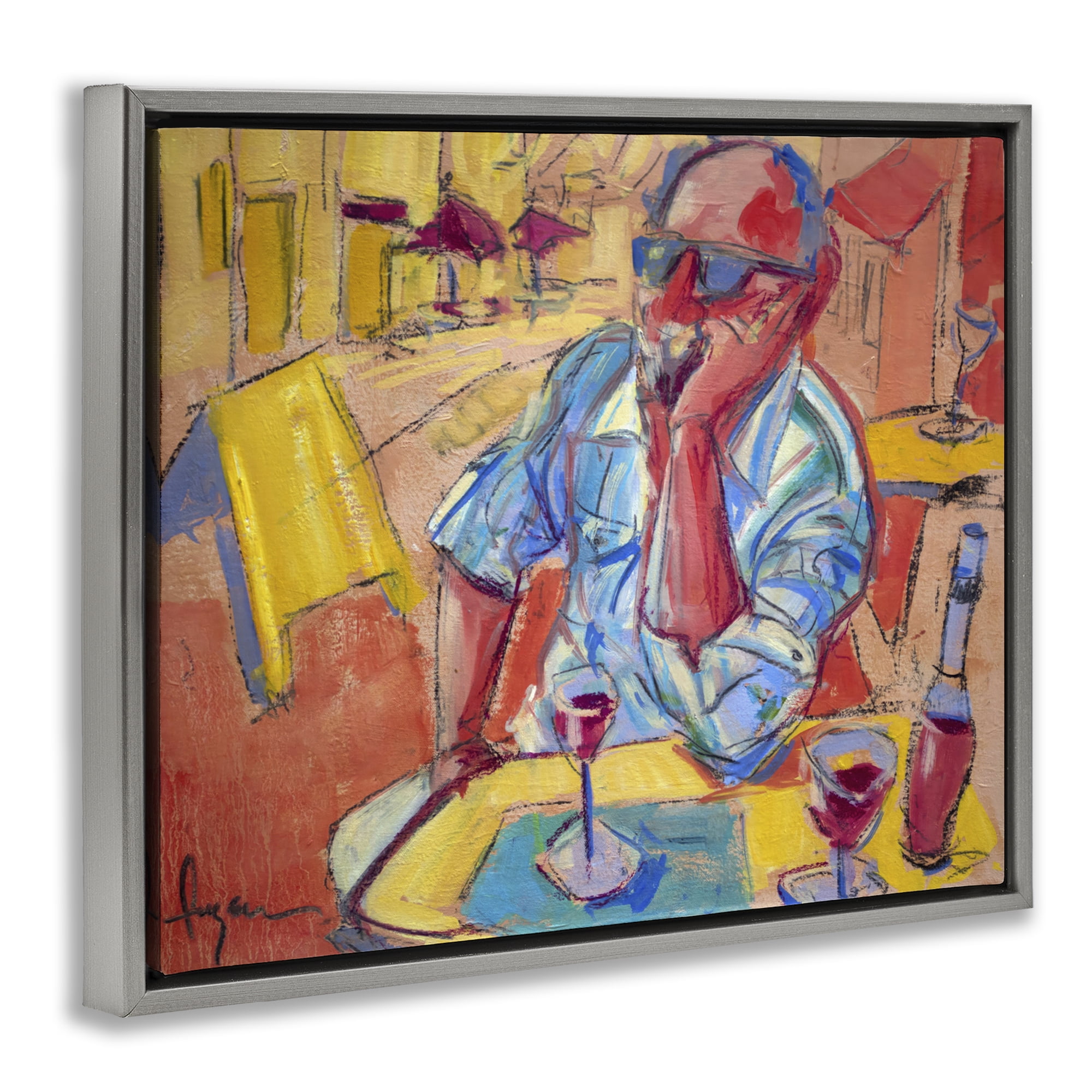 Stupell Industries Man with Wine Portrait People Painting Gray Floater Framed Canvas Art Print Wall Art, 21 x 17
